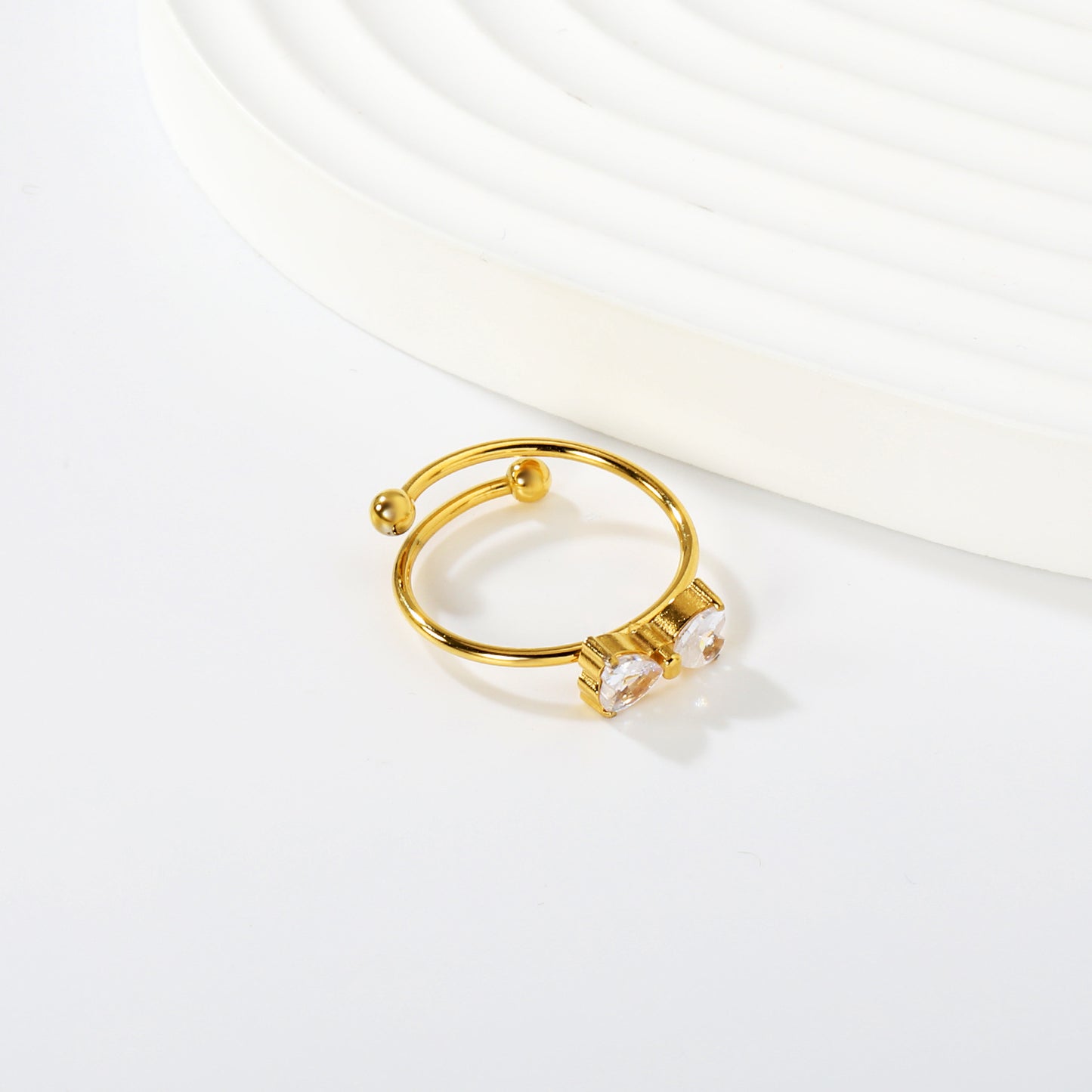Wholesale Waterproof PVD Gold Double CZ Heart Dainty Open Ring