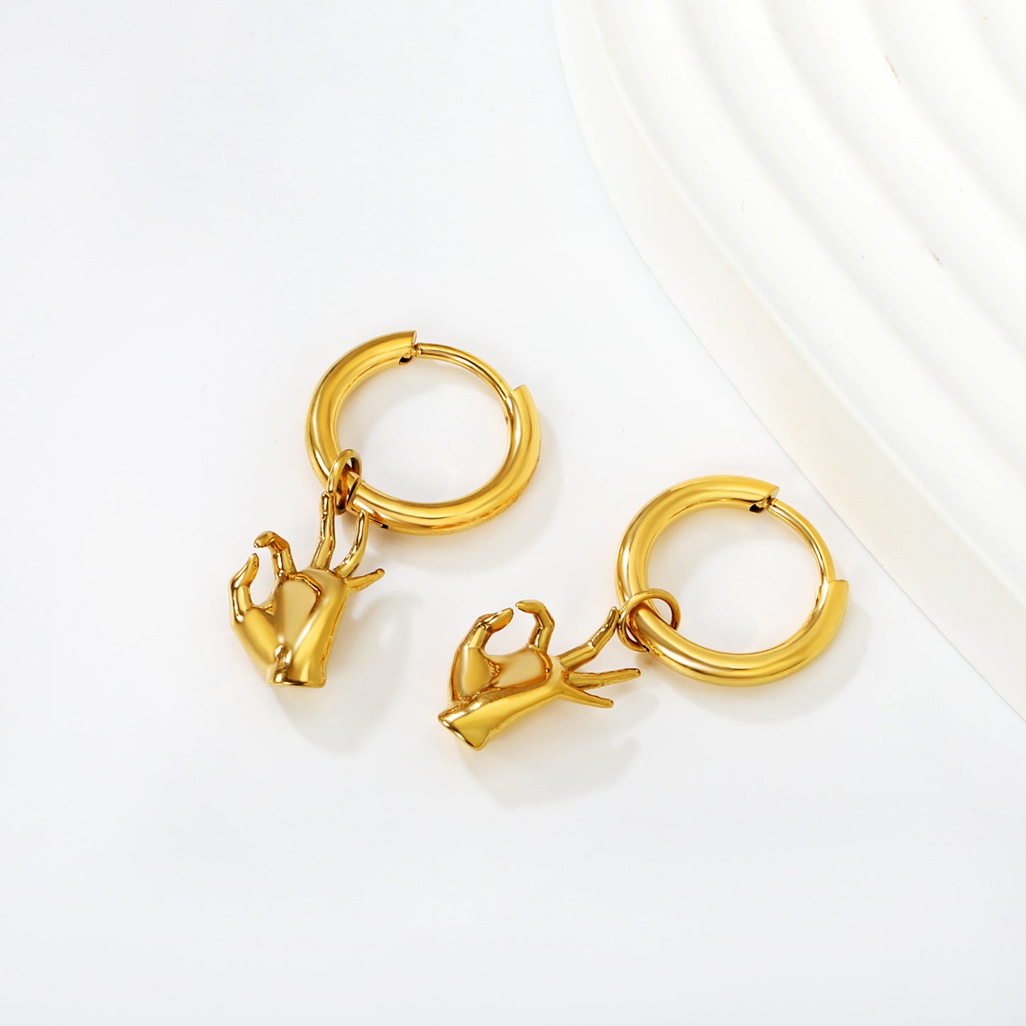 Bulk PVD Gold Sculpted Peace Sign Gesture Charm Hoop Earrings