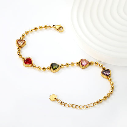 Bulk PVD Gold Colorful Heart Zircon Bead Bracelet Waterproof