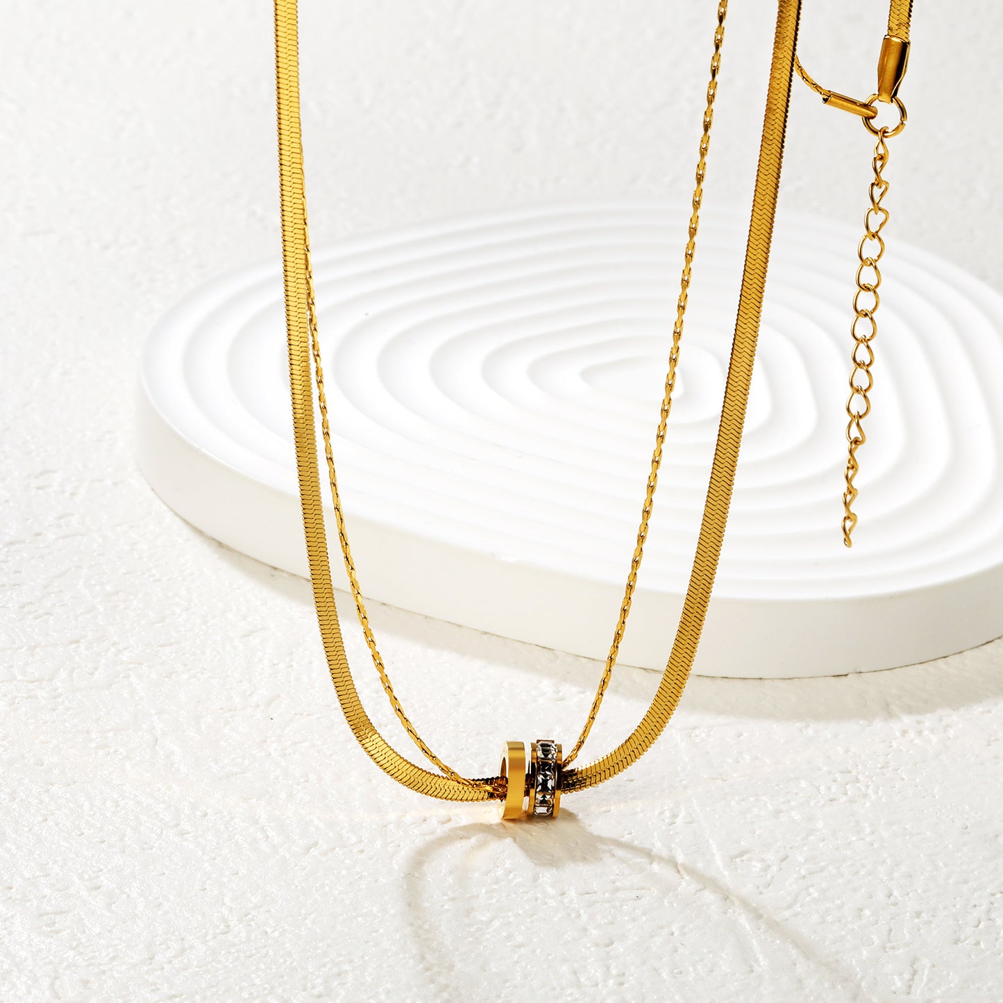 Wholesale Waterproof PVD Gold Double Layer Snake Chain CZ Necklace