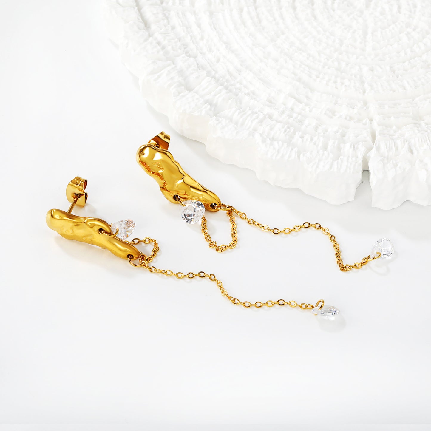 Stainless Steel Earrings | Hammered Zircon Tassel Dangle