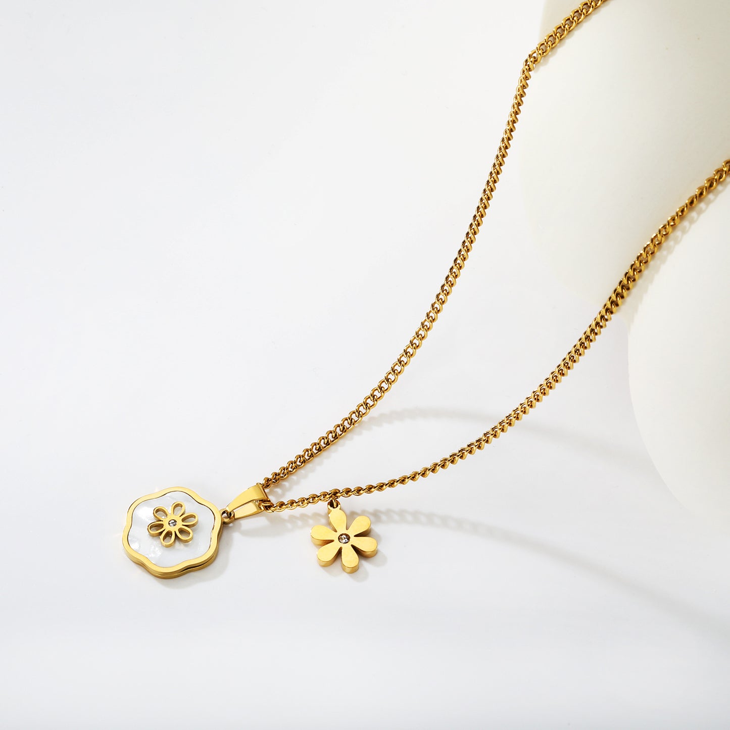 Bulk PVD Gold Sculpted White Flower & Shell Pearl Side-Drop Necklace