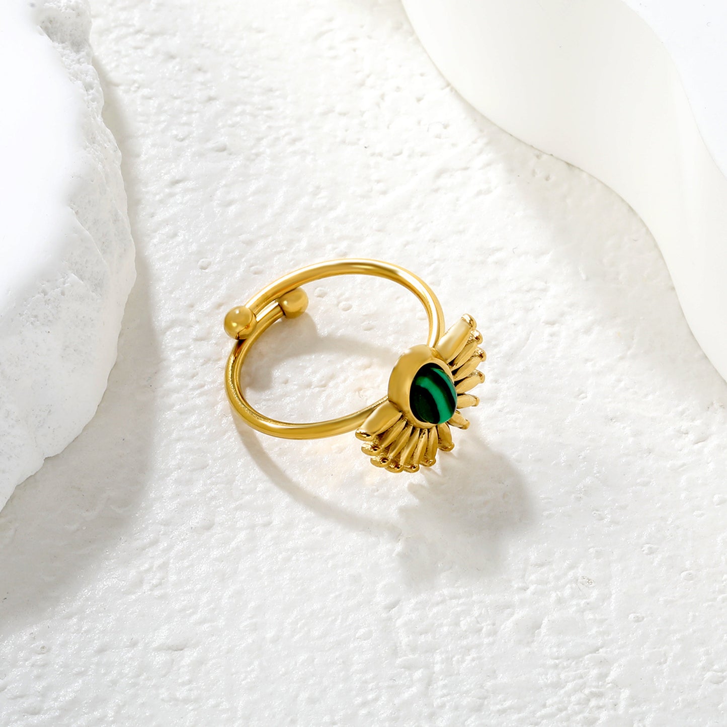 Wholesale Waterproof PVD Gold Malachite Sunflower Open Ring