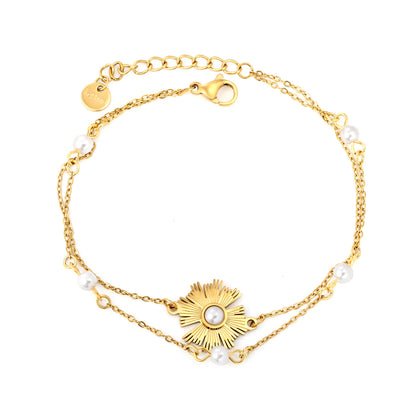 Bulk PVD Gold Double Layer Sunflower Pearl Inlay Bracelet