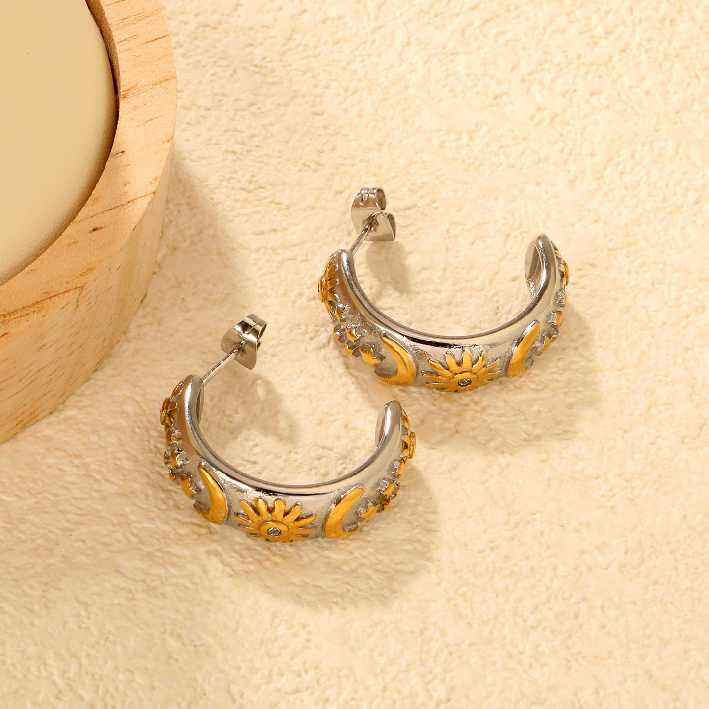 Bulk PVD Gold & Silver Sculpted Celestial Moon & Star C-Shape Earrings