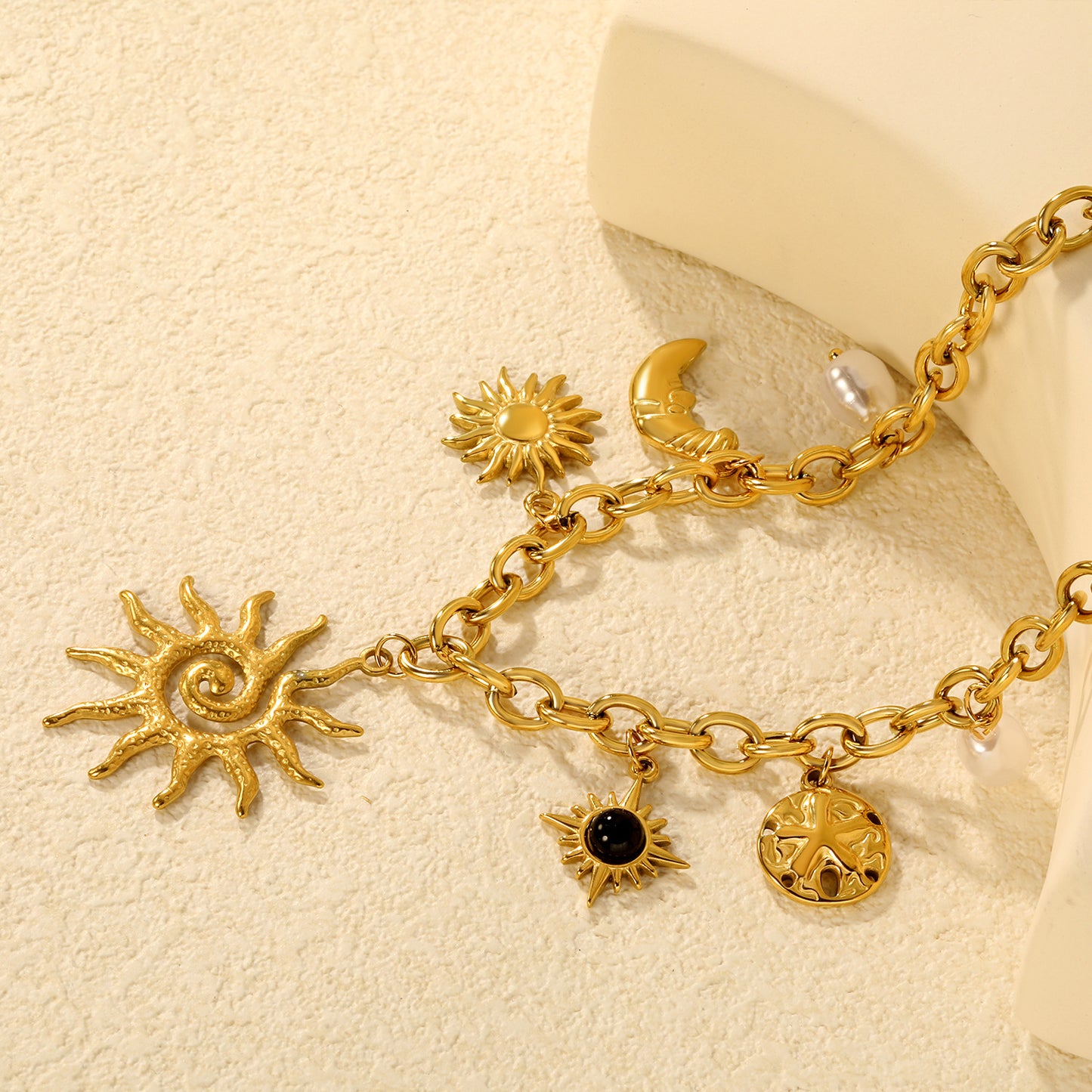 Boho-Chic Cuban Chain with Celestial Charms & Pearls Stainless Steel