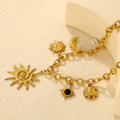 Boho-Chic Cuban Chain with Celestial Charms & Pearls Stainless Steel