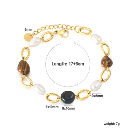 Exotic Natural Stone & Pearl Link Bracelet Stainless Steel Tarnish-Free