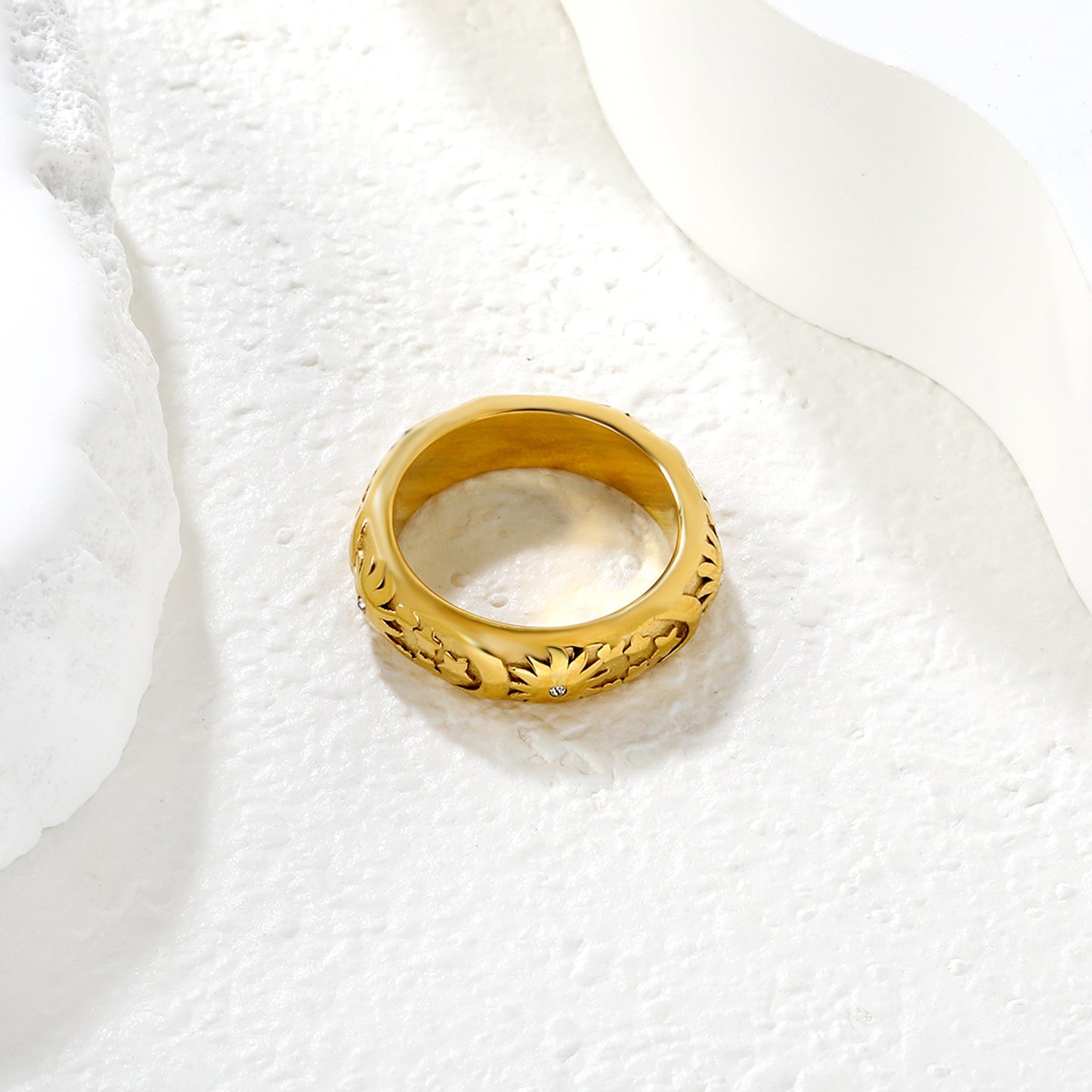 Bulk PVD Gold Sculpted Hollow Pattern Zircon Statement Ring