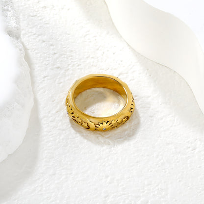 Bulk PVD Gold Sculpted Hollow Pattern Zircon Statement Ring