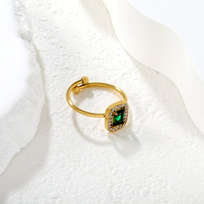 Luxury Emerald Green Zircon Halo Ring Stainless Steel Waterproof
