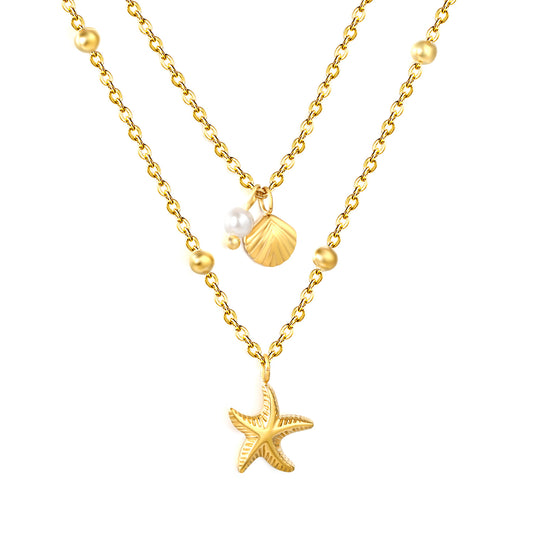 Wholesale Waterproof PVD Gold Pre-Layered Starfish & Disk Necklace