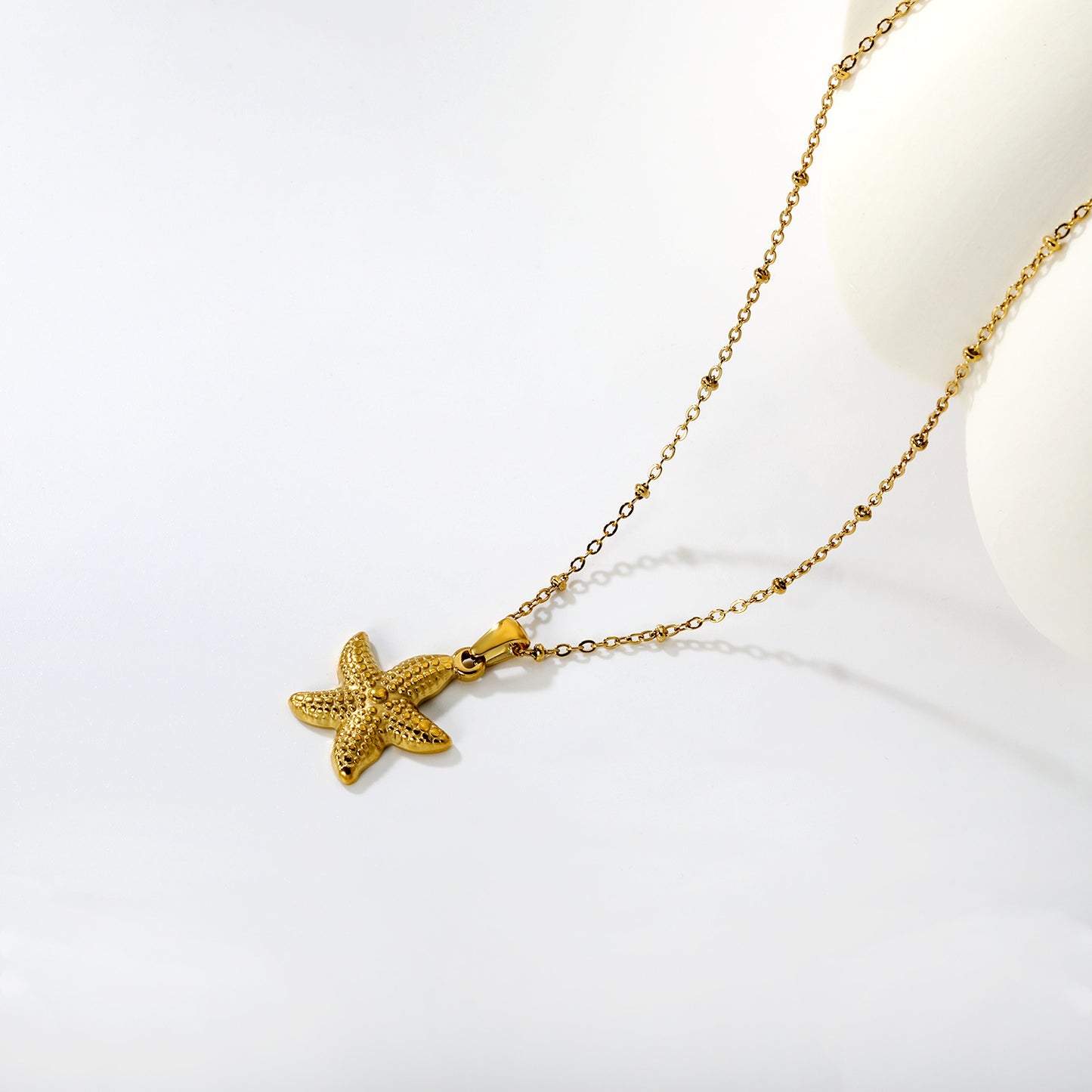 Bulk PVD Gold Sculpted Starfish Texture Bead Chain Necklace