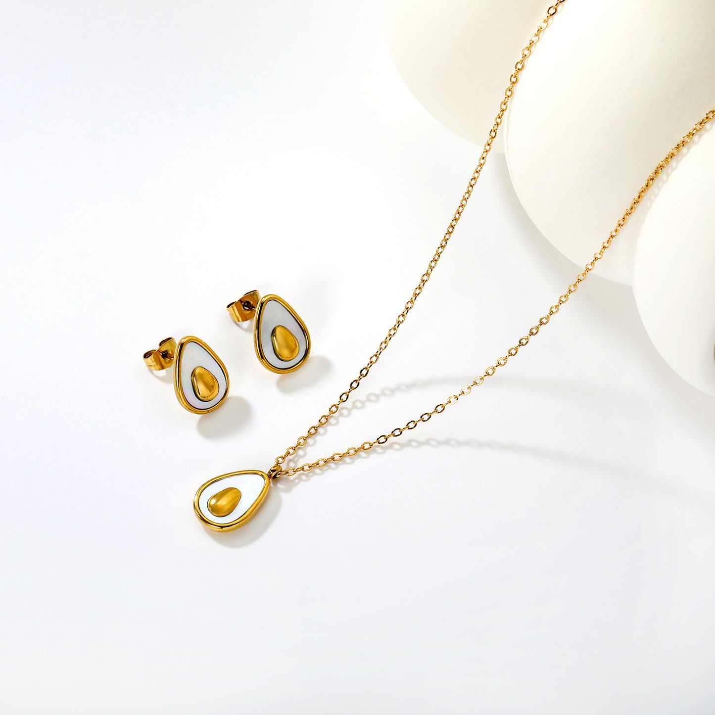 Bulk PVD Gold White Resin Teardrop Necklace & Earrings Set