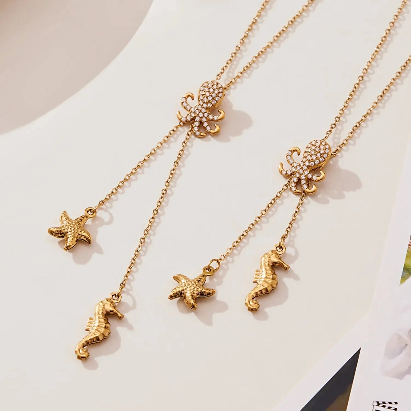 Wholesale Waterproof PVD Gold Sculpted Ocean Octopus & Starfish Y-Necklace