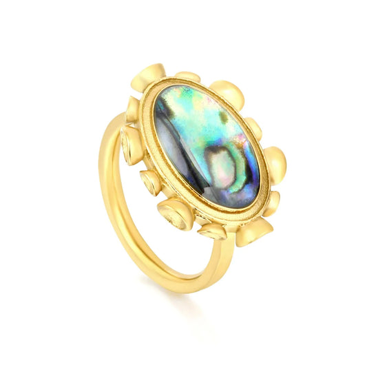 Wholesale Waterproof PVD Gold Sculpted Beaded Abalone Shell Oval Ring