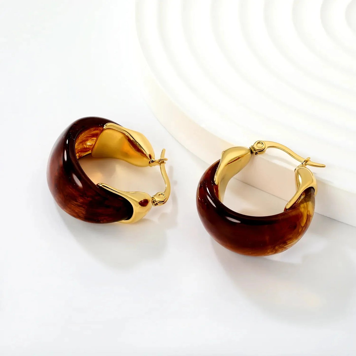 Aesthetic 304L Stainless Steel Wide Hoops | Marble Resin Gold Earrings