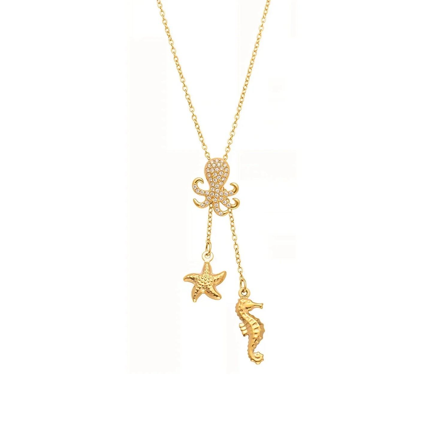 Wholesale Waterproof PVD Gold Sculpted Ocean Octopus & Starfish Y-Necklace