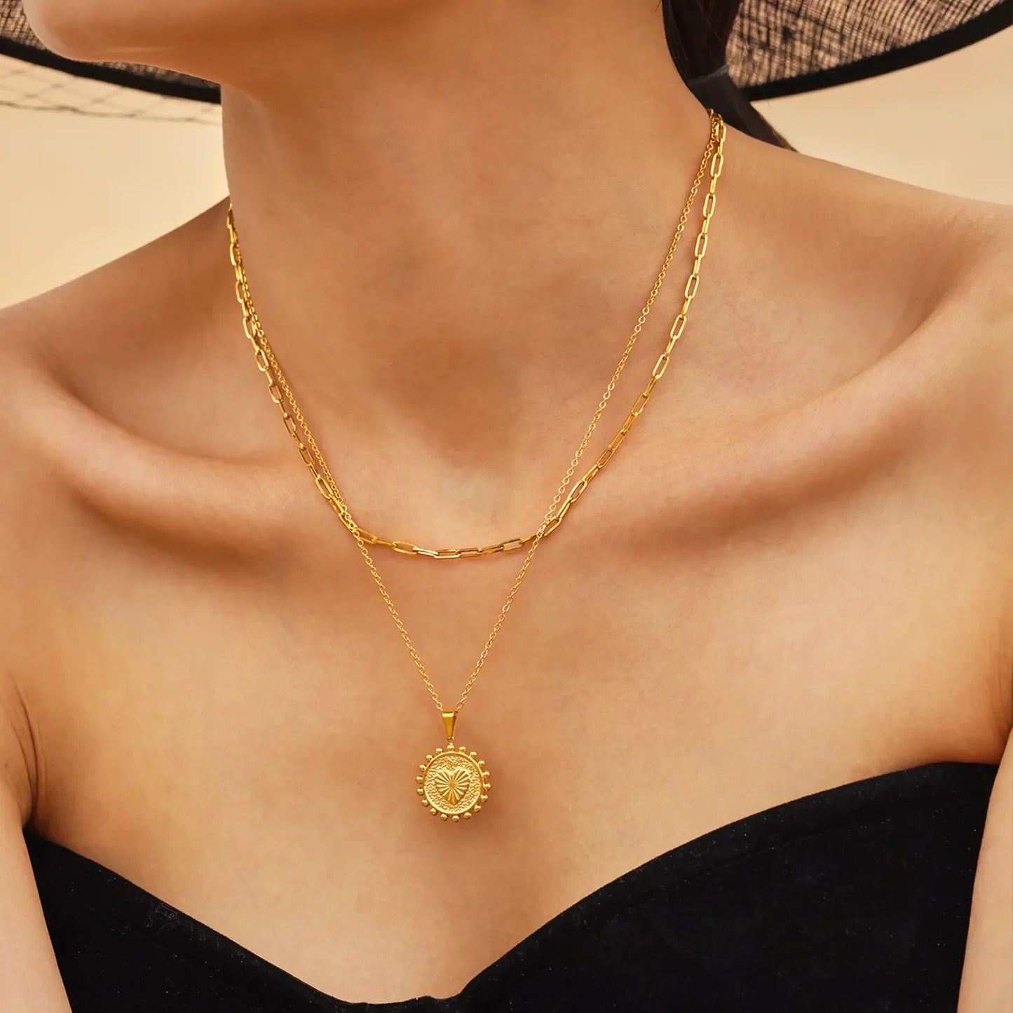 Bulk PVD Gold Relief-Textured Sun Medallion Layered Necklace