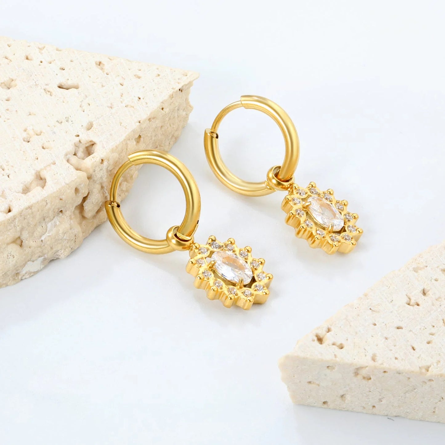Bulk Stainless Steel Sunflower Earrings | Oval Zircon Halo Hoops