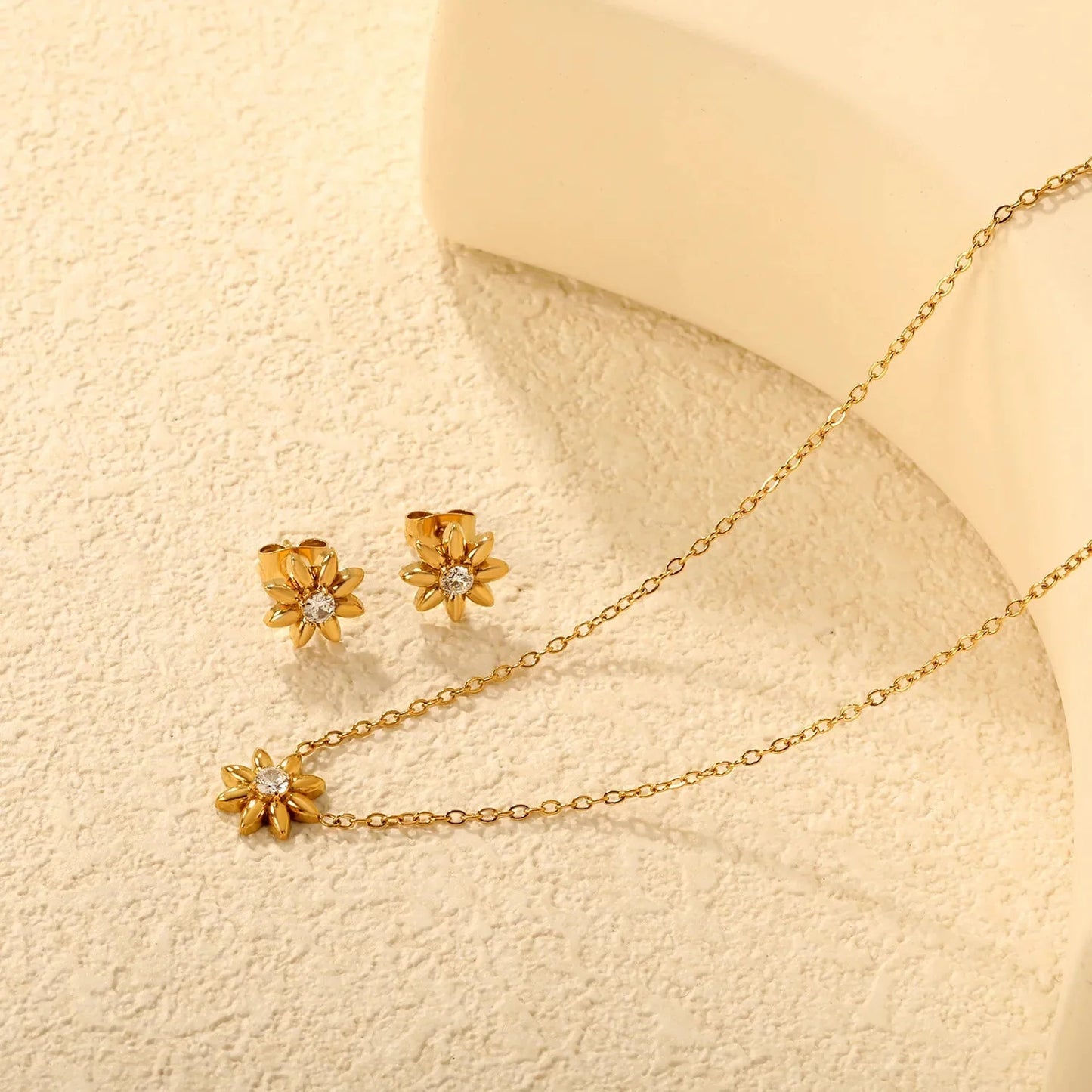 Everyday Gold Flower Jewelry Set 304L Steel CZ Pendant Necklace & Earrings