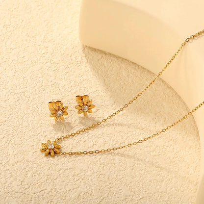 Everyday Gold Flower Jewelry Set 304L Steel CZ Pendant Necklace & Earrings