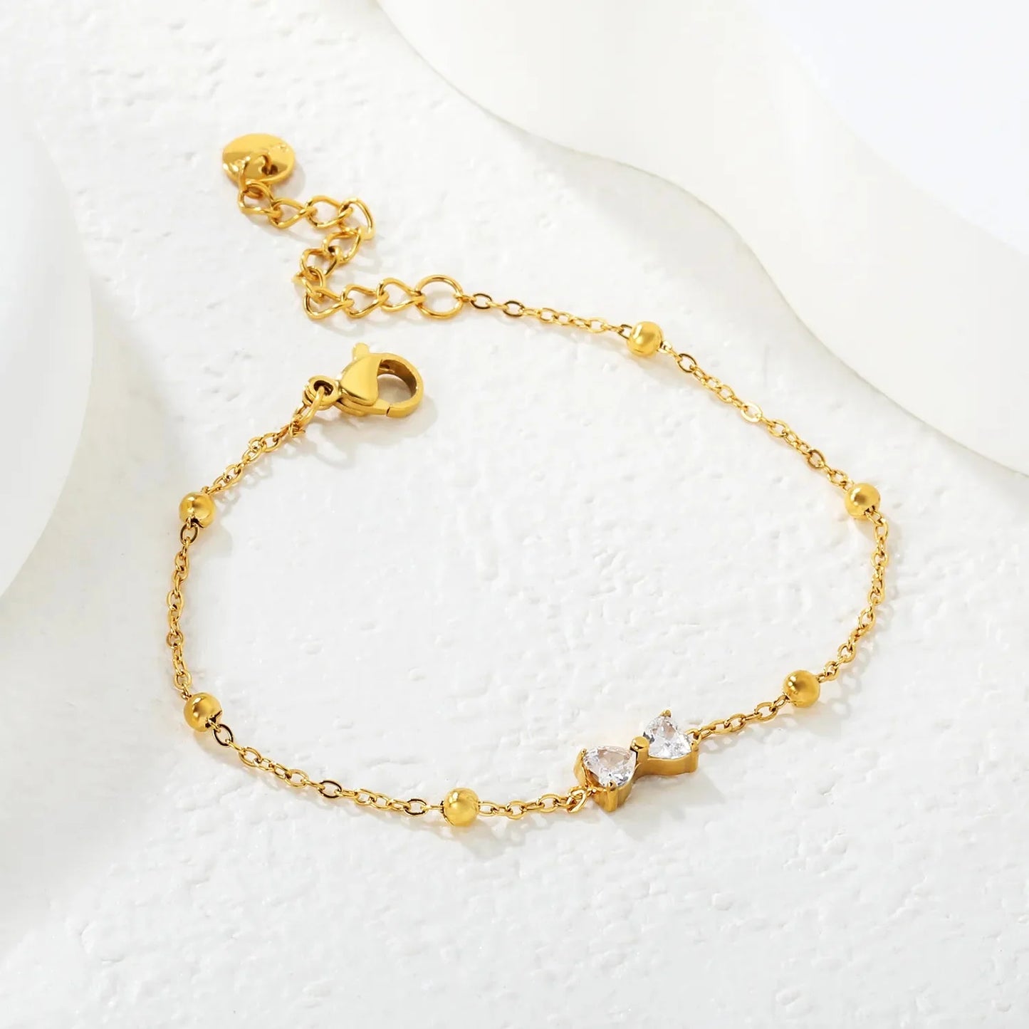 Romantic Twin Heart CZ Bracelet Stainless Steel Waterproof