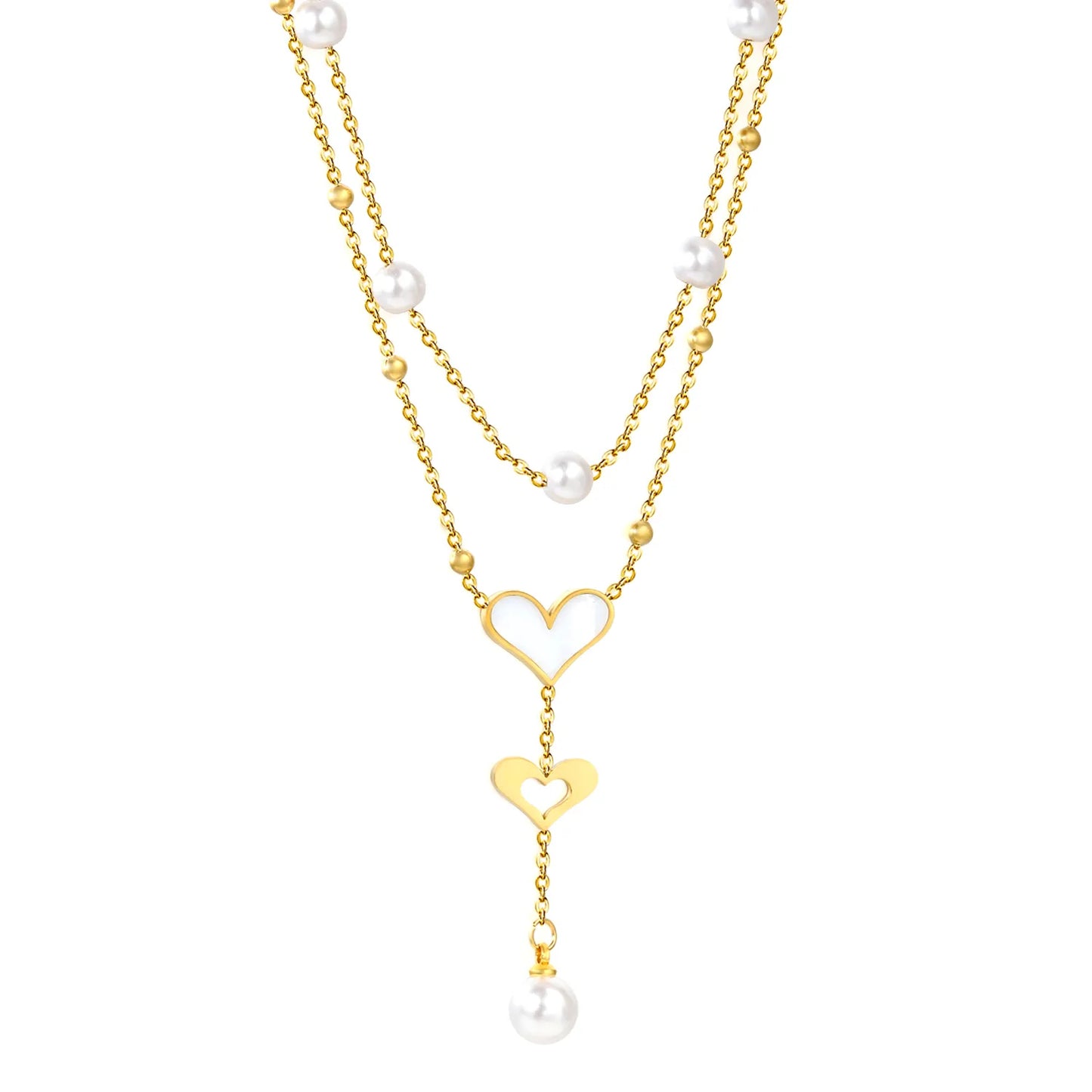 Wholesale Waterproof PVD Gold Sculpted Double Heart Pearl Tassel Necklace