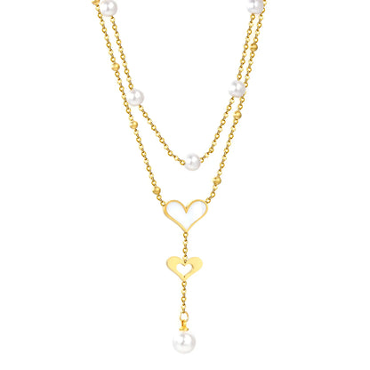 Wholesale Waterproof PVD Gold Sculpted Double Heart Pearl Tassel Necklace