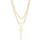 Wholesale Waterproof PVD Gold Sculpted Double Heart Pearl Tassel Necklace