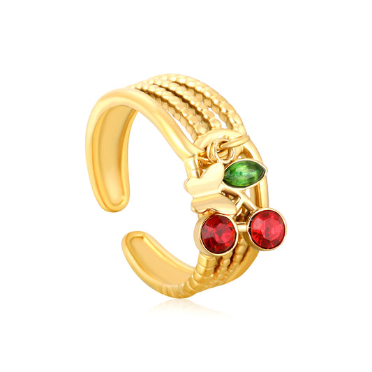 Wholesale Waterproof PVD Gold Bold Cherry Charm Statement Ring