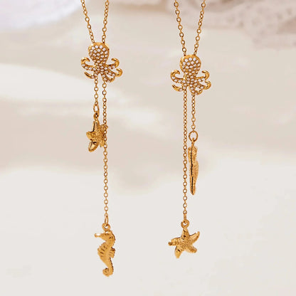 Wholesale Waterproof PVD Gold Sculpted Ocean Octopus & Starfish Y-Necklace