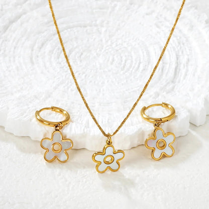 Bulk Gold Plated Flower Jewelry Set 304L Steel with Natural Shell Pendant & Earrings