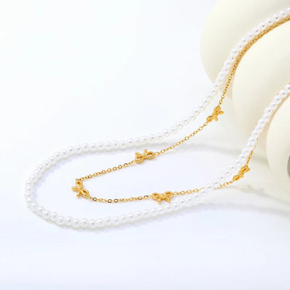 Vintage Double Strand Bow Necklace | 304L Steel Gold Hypoallergenic 40+45cm
