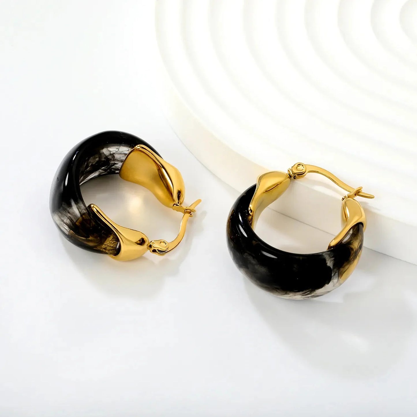 Aesthetic 304L Stainless Steel Wide Hoops | Marble Resin Gold Earrings