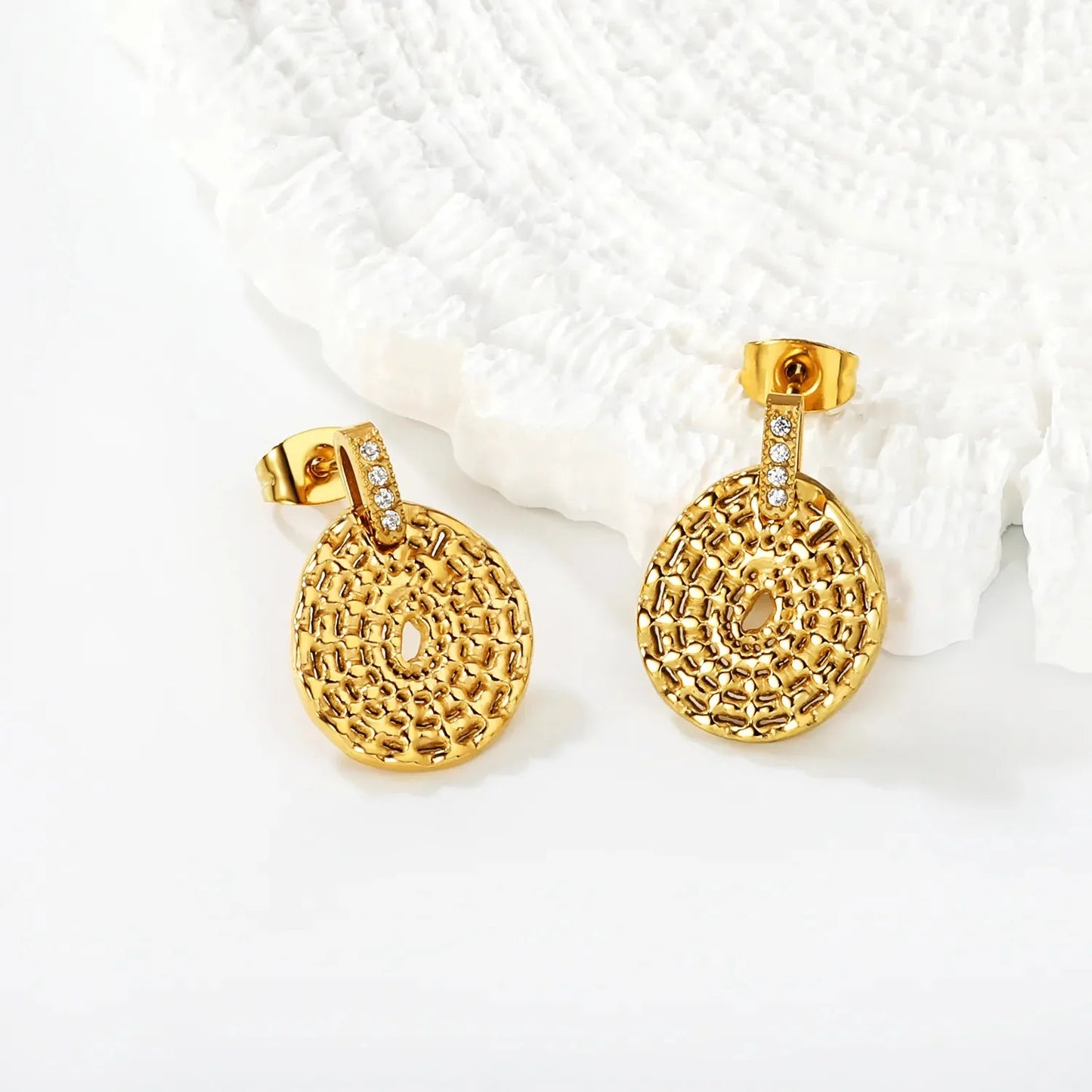 Wholesale Stainless Steel Hammered Disk Earrings | Gold PVD Bulk