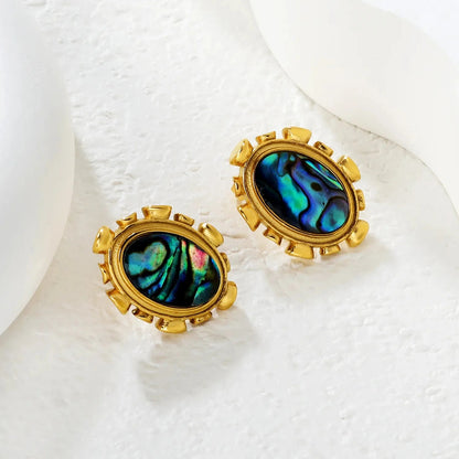 304L Stainless Steel Oval Shell Studs | Elegant Retro Gold Jewelry