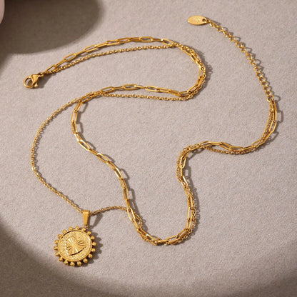 Bulk PVD Gold Relief-Textured Sun Medallion Layered Necklace