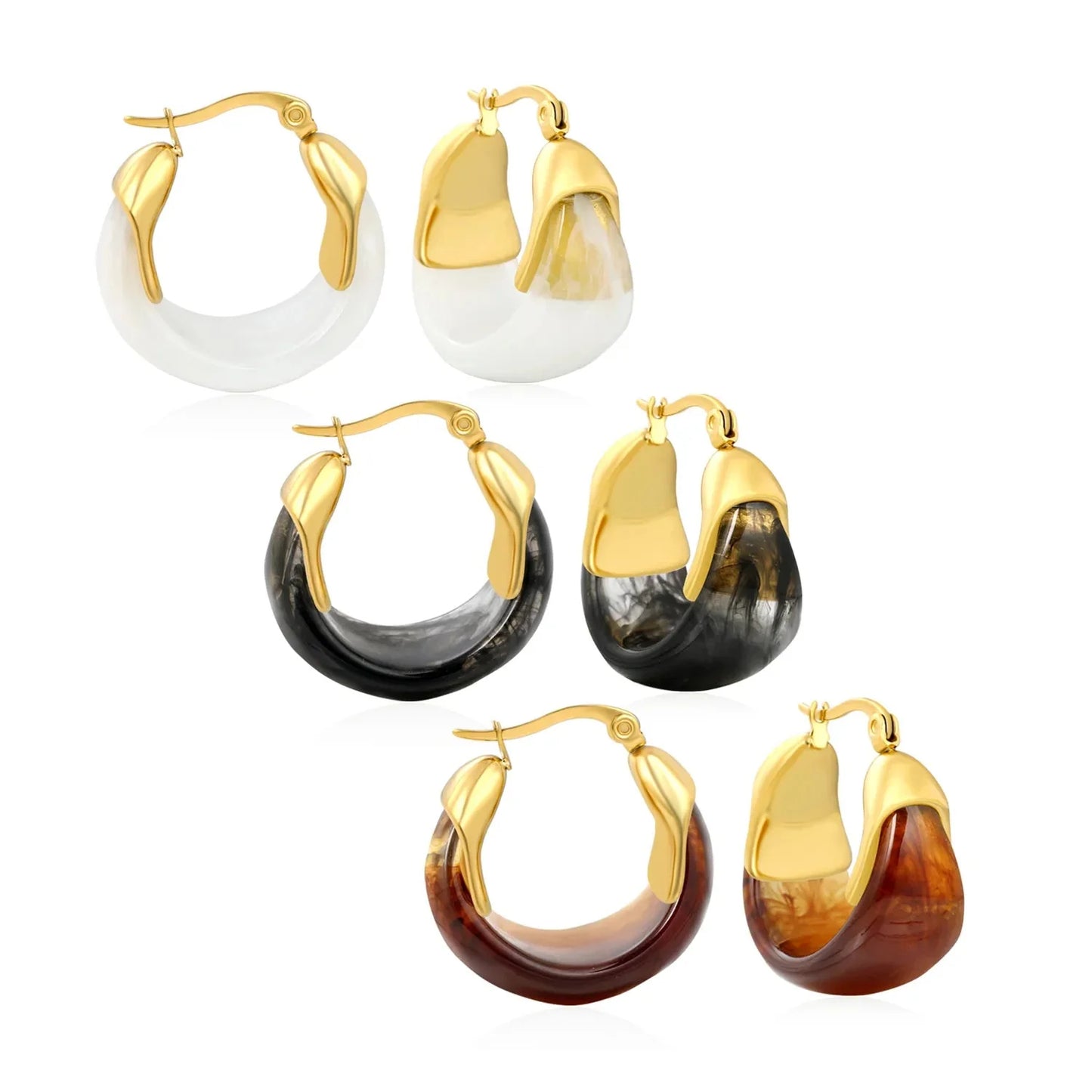 Aesthetic 304L Stainless Steel Wide Hoops | Marble Resin Gold Earrings