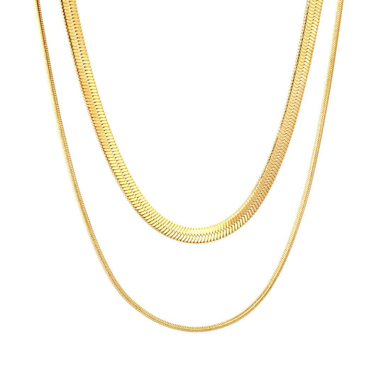 Wholesale Waterproof PVD Gold Sculpted Double Layer Snake Chain Set