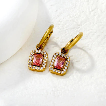 Tarnish-Free 304L Stainless Steel Earrings | Pink Square Halo Hoops