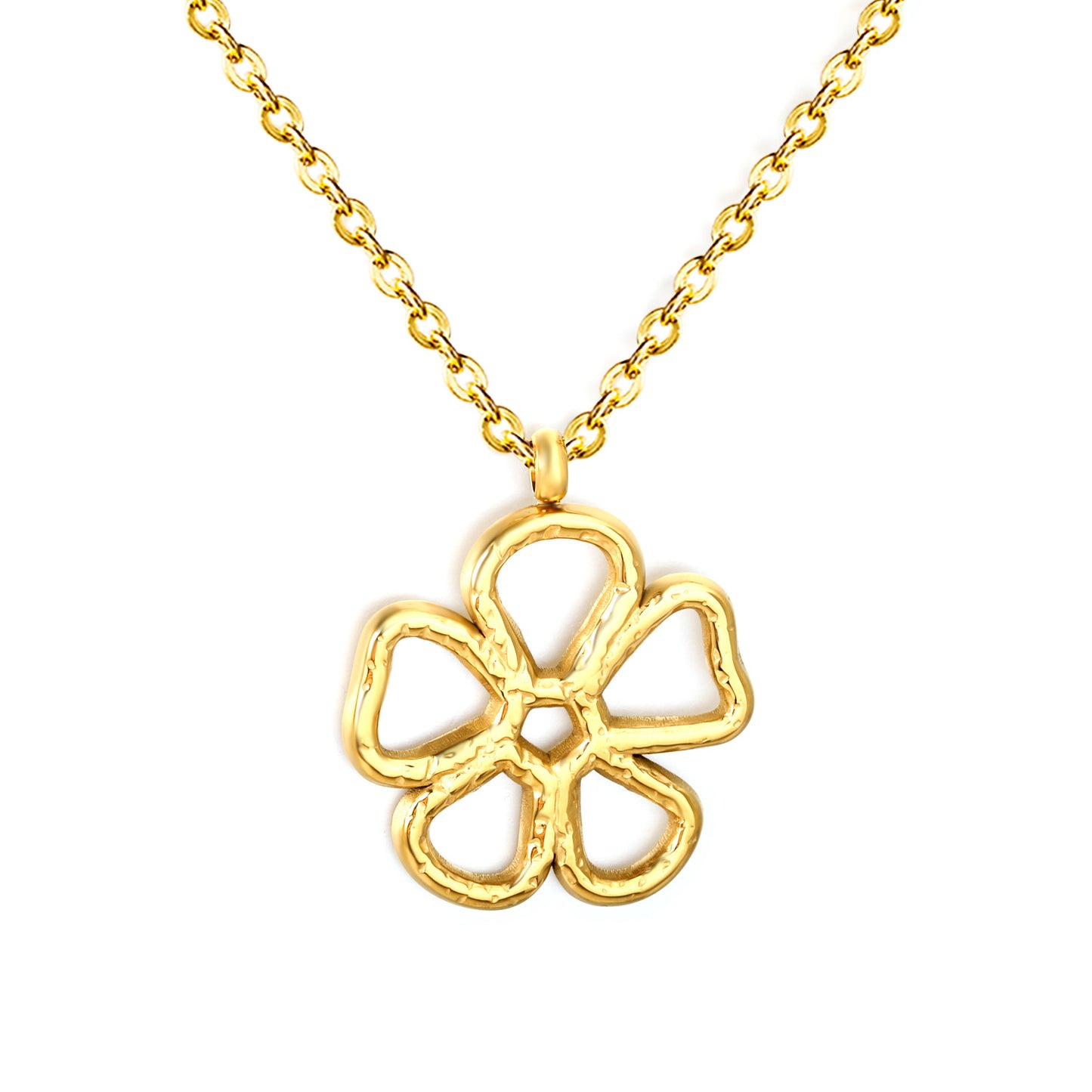 Bulk 304L Stainless Steel Gold Hammered Flower Pendant Necklace