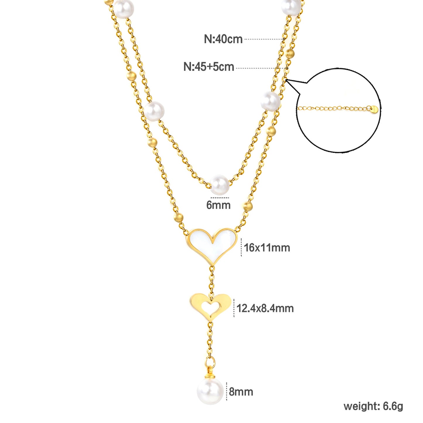 Wholesale Waterproof PVD Gold Sculpted Double Heart Pearl Tassel Necklace