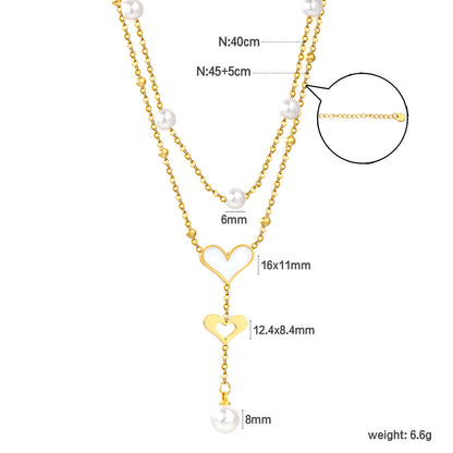 Wholesale Waterproof PVD Gold Sculpted Double Heart Pearl Tassel Necklace