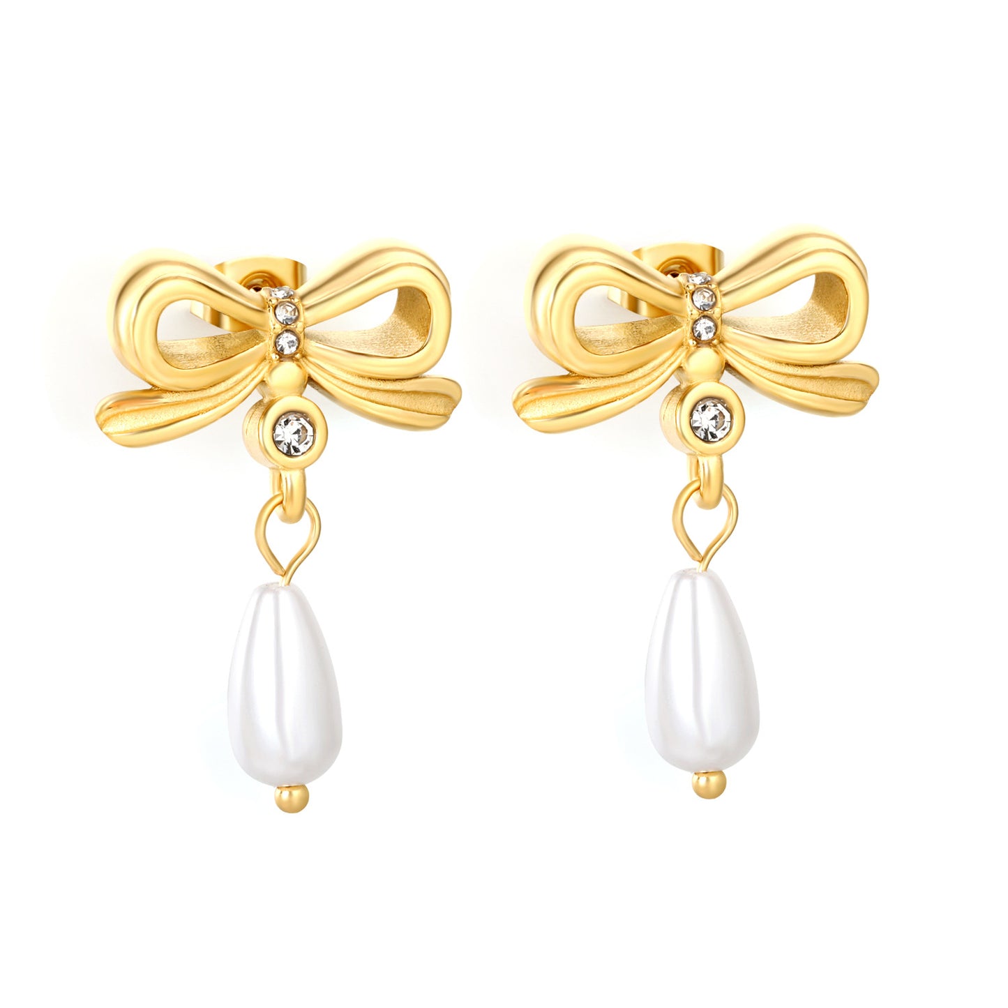 Bulk PVD Gold Sculpted Bowknot & Shell Pearl Drop Studs