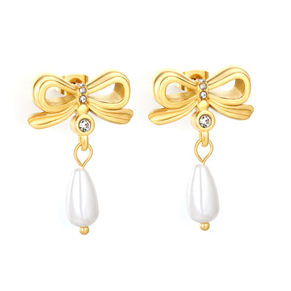 Bulk PVD Gold Sculpted Bowknot & Shell Pearl Drop Studs