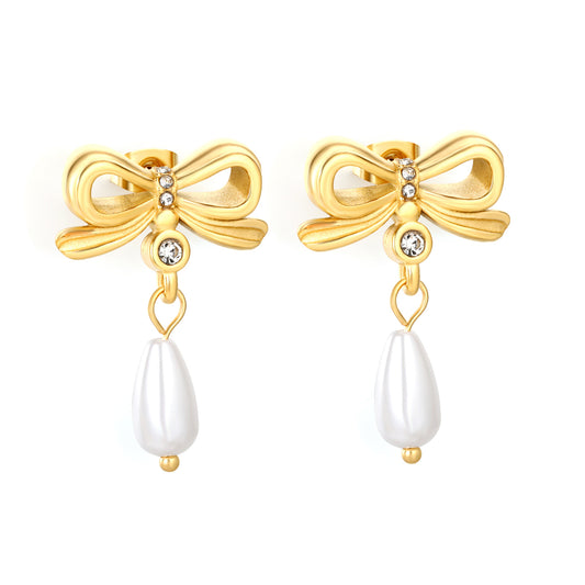 Bulk PVD Gold Sculpted Bowknot & Shell Pearl Drop Studs