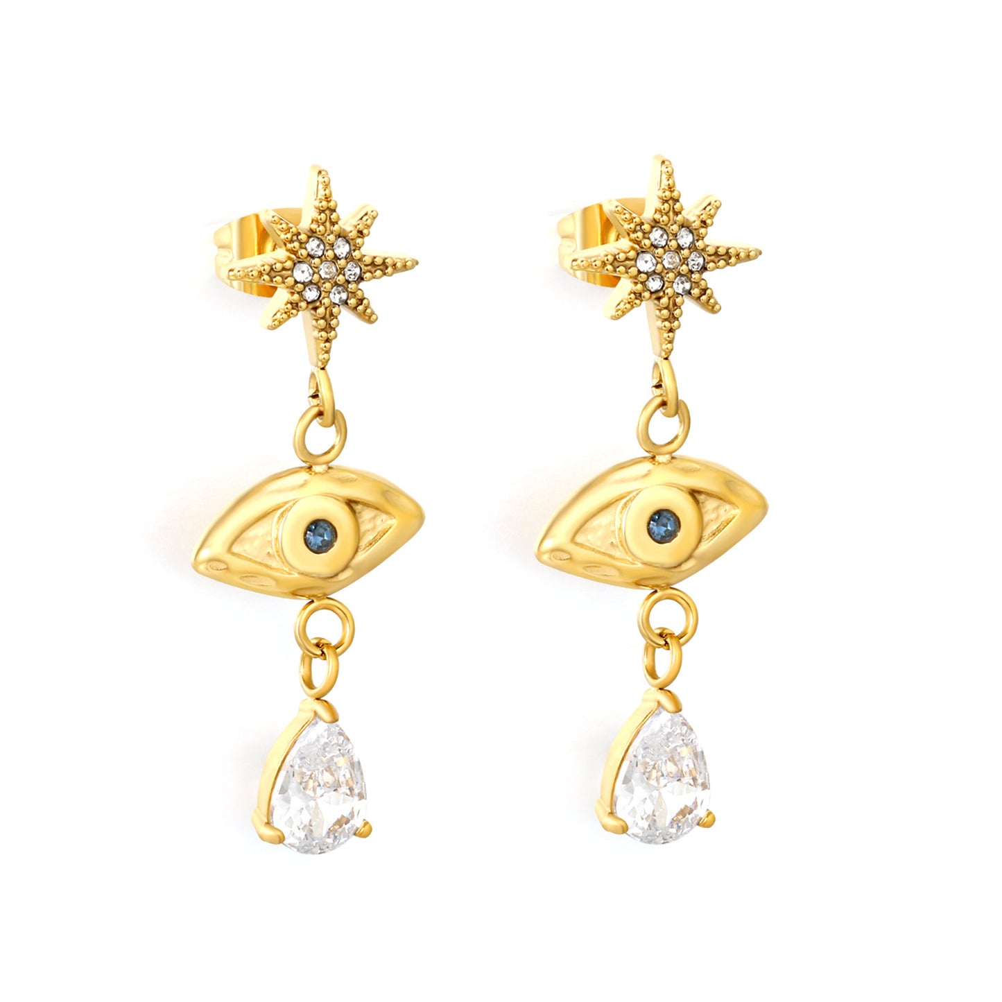 Bulk PVD Gold Sculpted Evil Eye, Starburst & Droplet Earrings