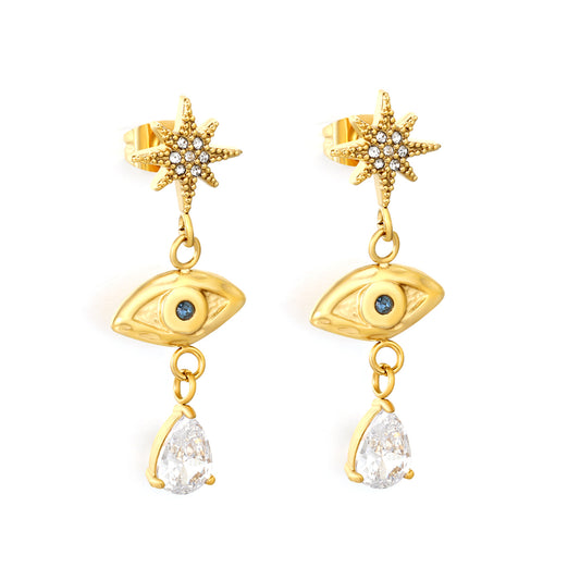 Bulk PVD Gold Sculpted Evil Eye, Starburst & Droplet Earrings
