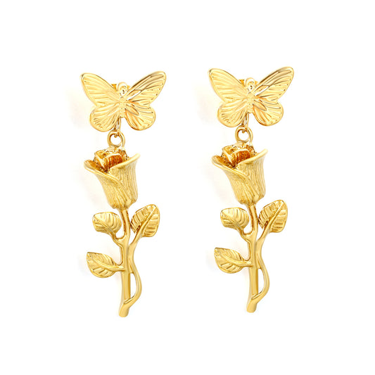 Vintage Floral & Butterfly Motif Earrings Stainless Steel Waterproof